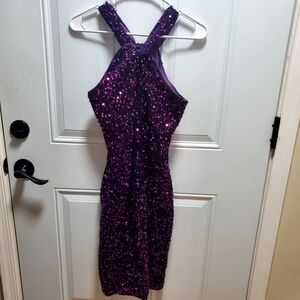 Grace Karin Purple Sequin Halter Mini Dress